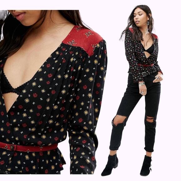 FREE PEOPLE Where We Roam Top Surplice Neck Pleated Boho Fall Black Red Small - Picture 2 of 13